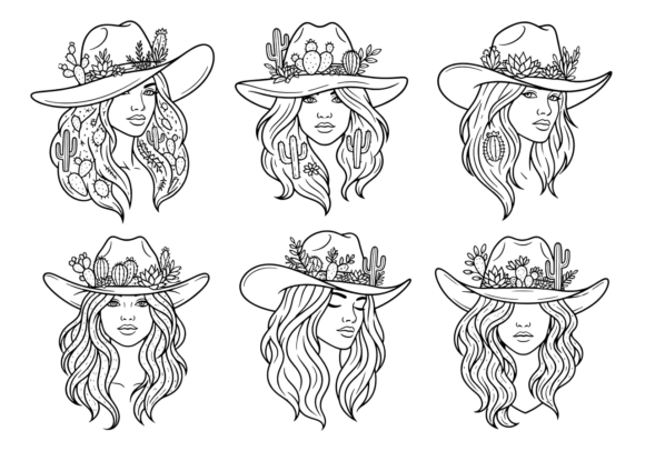 Cowgirl Hat Cactus Floral Line Art SVG