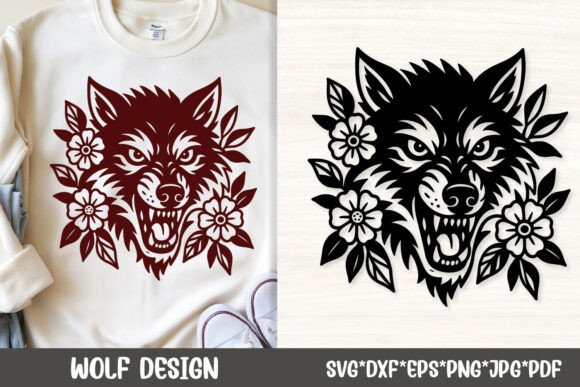 Fierce Wolf with Flowers Design SVG File