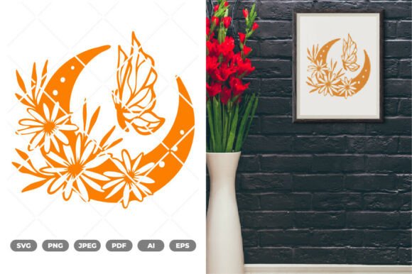 Floral Moon and Butterfly SVG Clipart